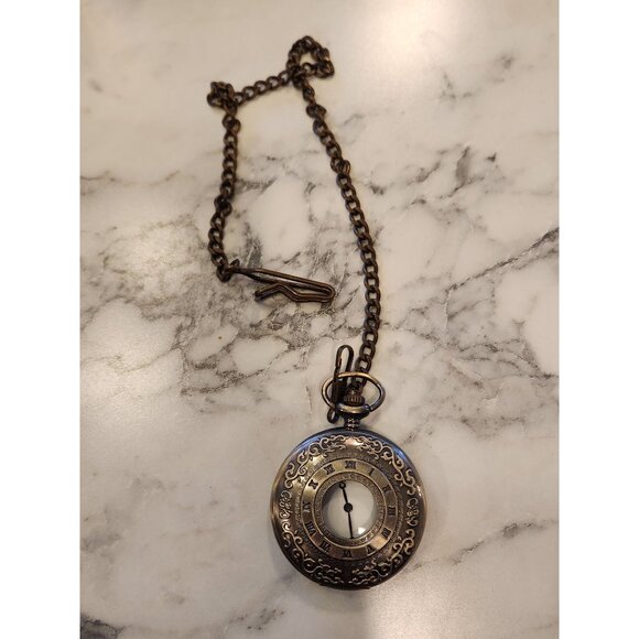 Vintage Bronze Pocket Watch With Chain & Roman Numerals - Picture 1 of 3